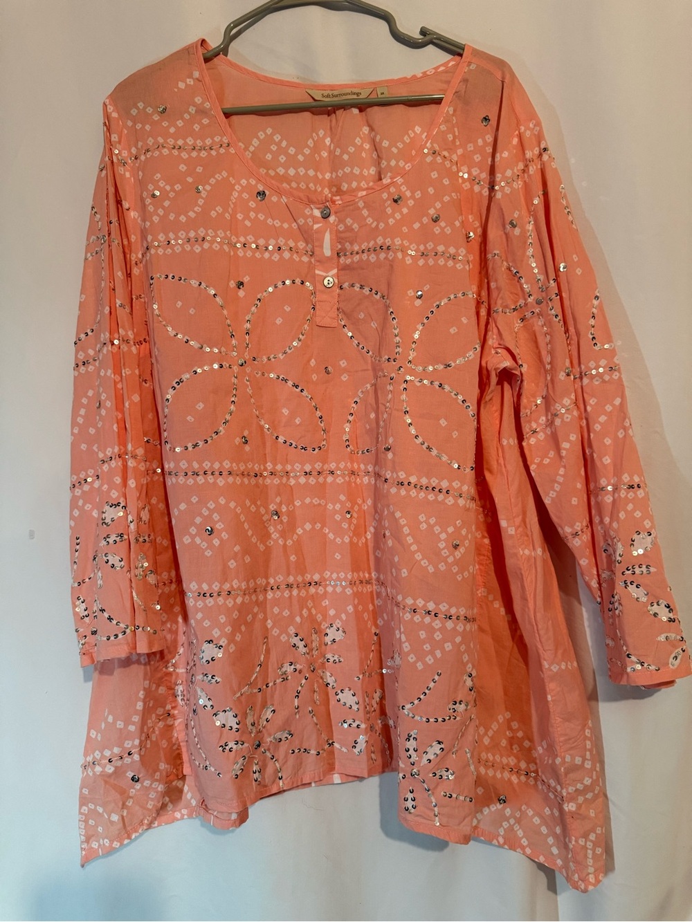 Soft Surroundings 2X Coral Sequin Bandana Print Boho Cotton Tunic Top